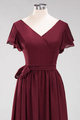 Burgundy V-Neck Long Bridesmaid Dress With Short-Sleeves-Babyonlines