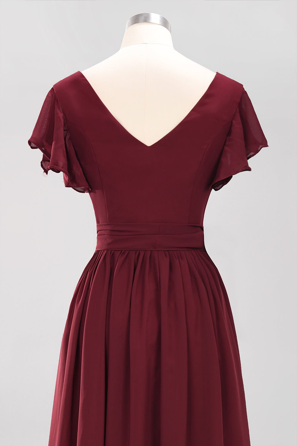 Burgundy V-Neck Long Bridesmaid Dress With Short-Sleeves-Babyonlines