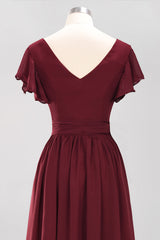 Burgundy V-Neck Long Bridesmaid Dress With Short-Sleeves-Babyonlines