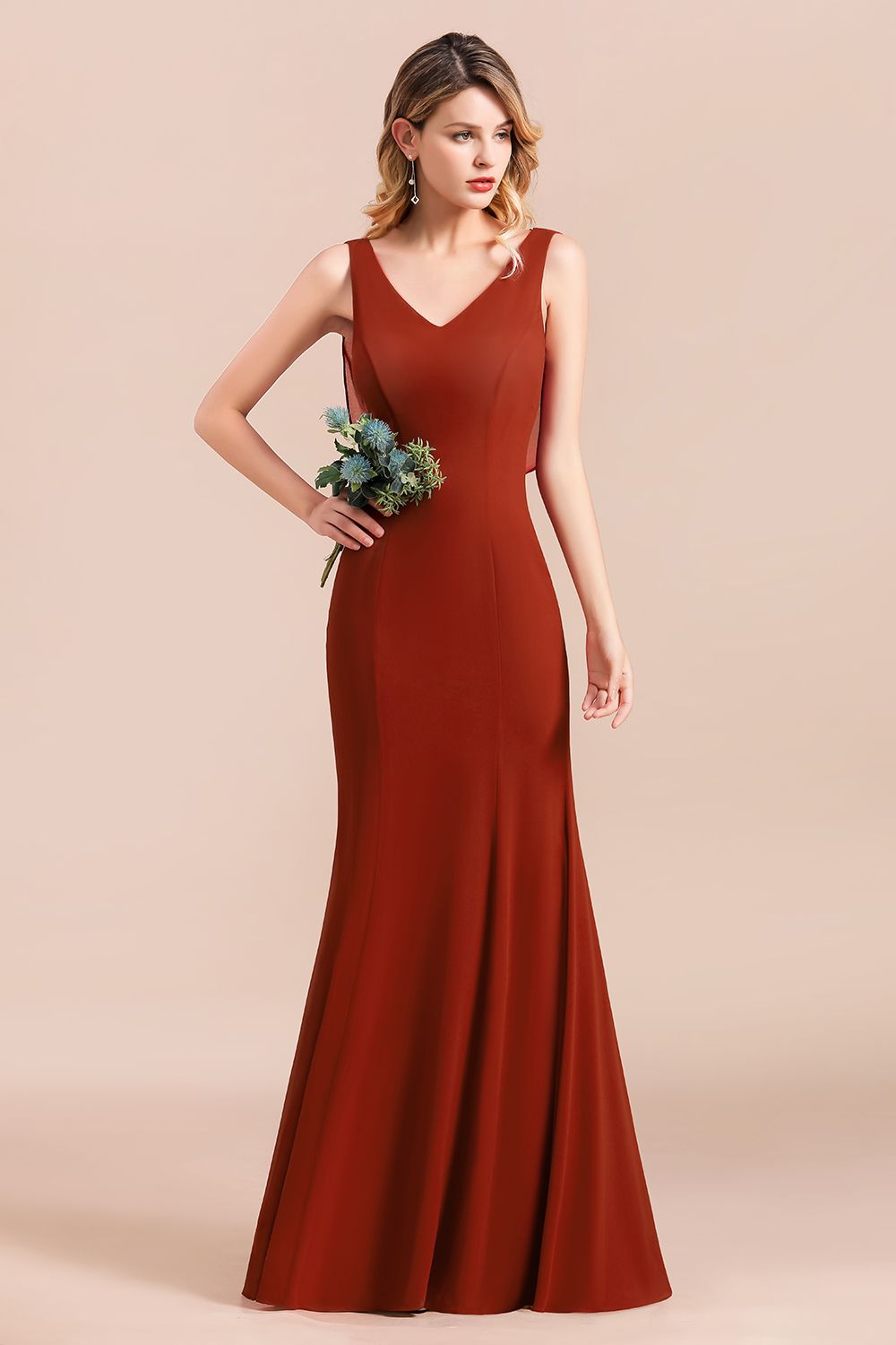 Charming Mermaid V-Neck Drapped Back Bridesmaid Dress Online-Babyonlines
