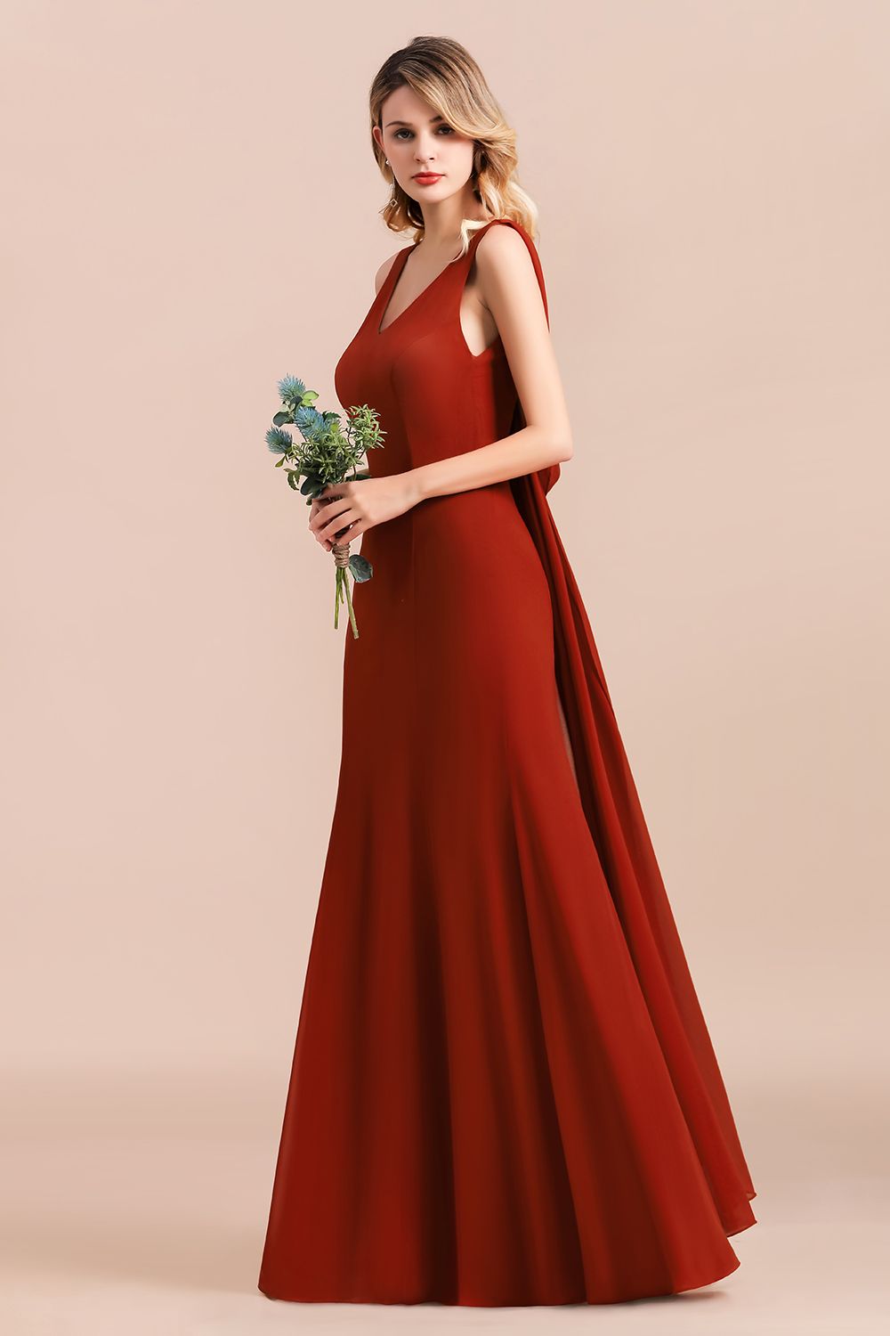 Charming Mermaid V-Neck Drapped Back Bridesmaid Dress Online-Babyonlines