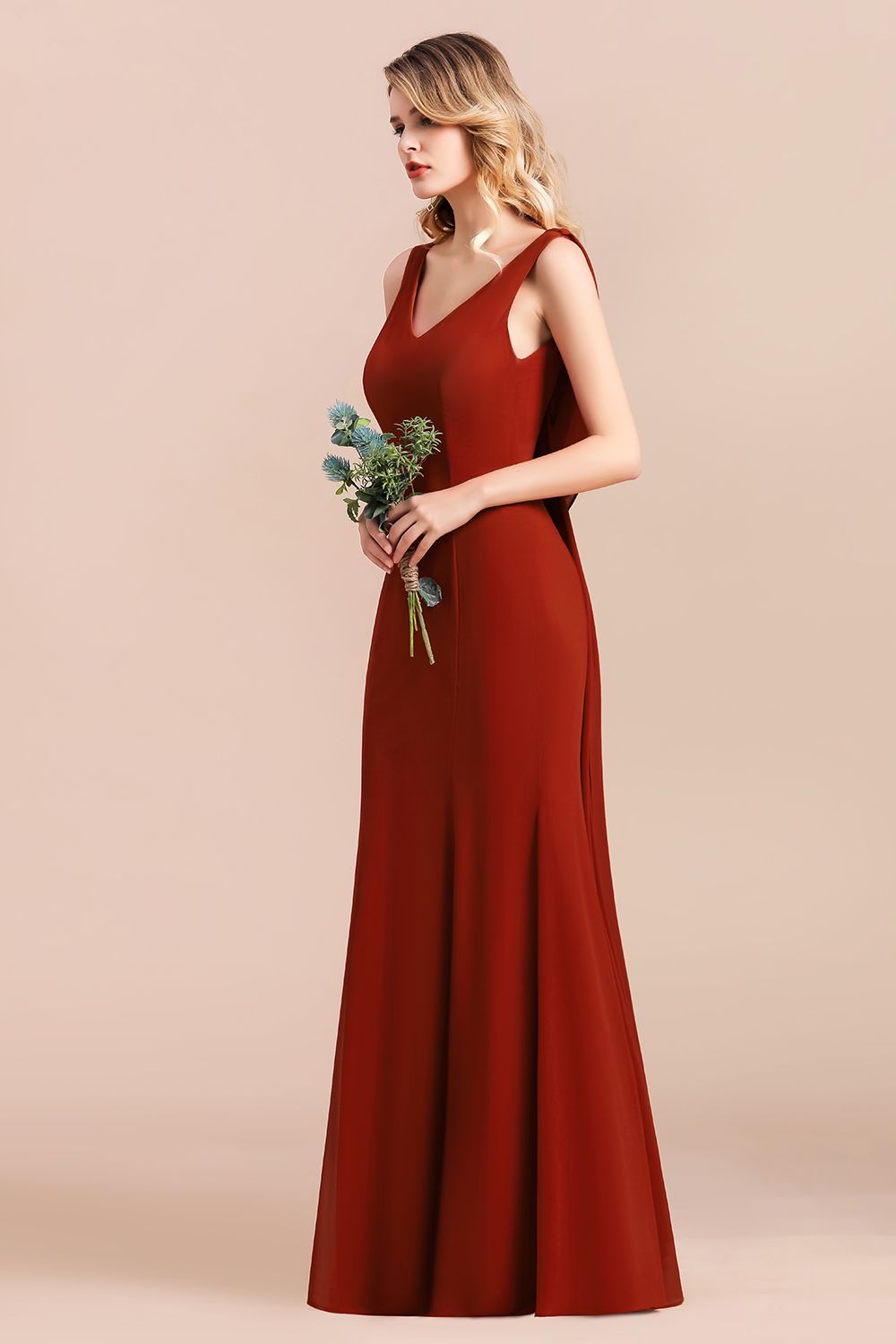 Charming Mermaid V-Neck Drapped Back Bridesmaid Dress Online-Babyonlines