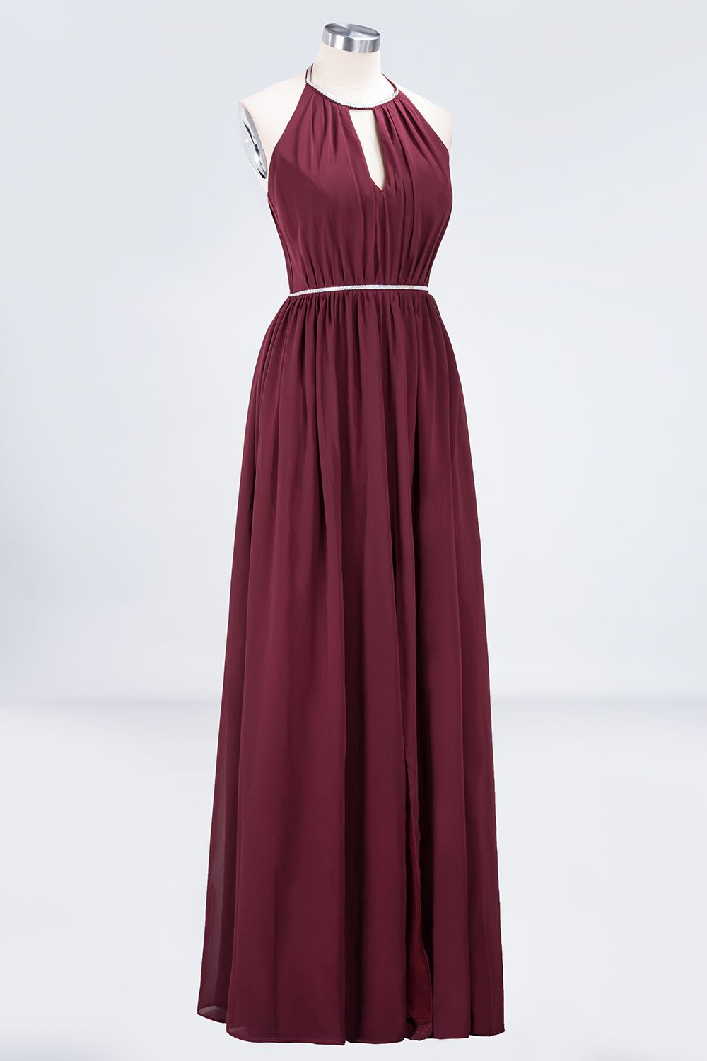 Chic Burgundy Halter Long Backless Bridesmaid Dress with Beadings-Babyonlines
