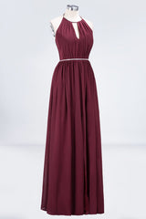 Chic Burgundy Halter Long Backless Bridesmaid Dress with Beadings-Babyonlines