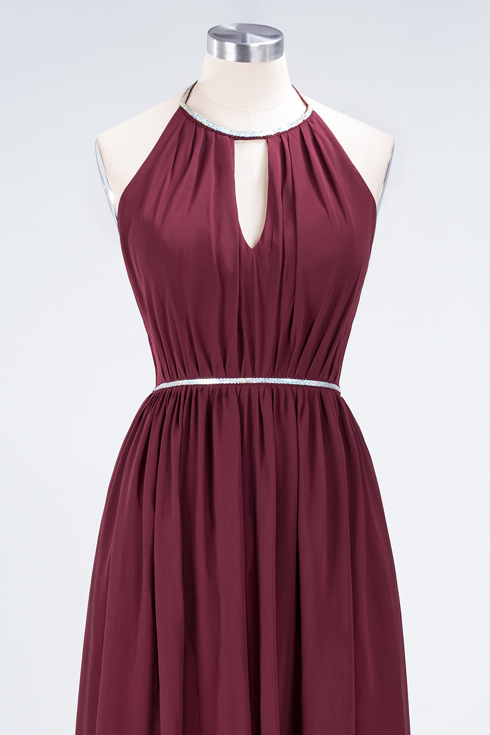 Chic Burgundy Halter Long Backless Bridesmaid Dress with Beadings-Babyonlines