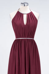 Chic Burgundy Halter Long Backless Bridesmaid Dress with Beadings-Babyonlines