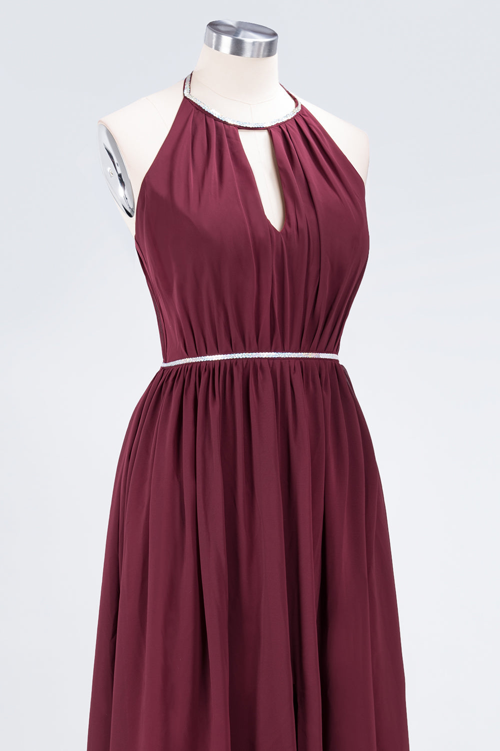 Chic Burgundy Halter Long Backless Bridesmaid Dress with Beadings-Babyonlines