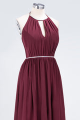 Chic Burgundy Halter Long Backless Bridesmaid Dress with Beadings-Babyonlines