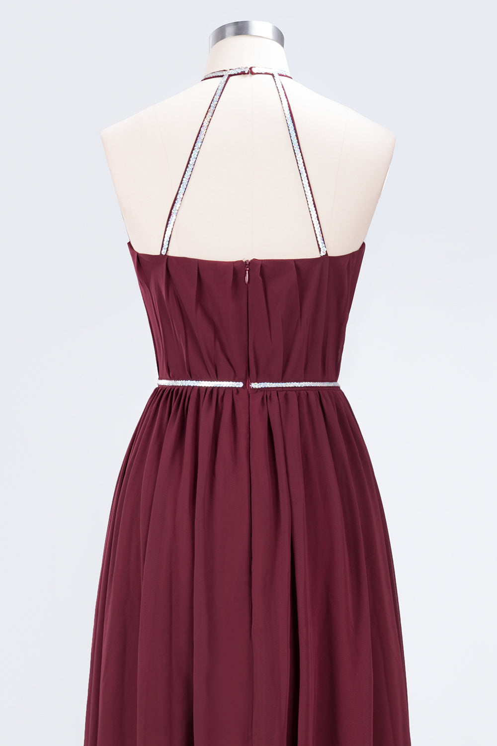 Chic Burgundy Halter Long Backless Bridesmaid Dress with Beadings-Babyonlines