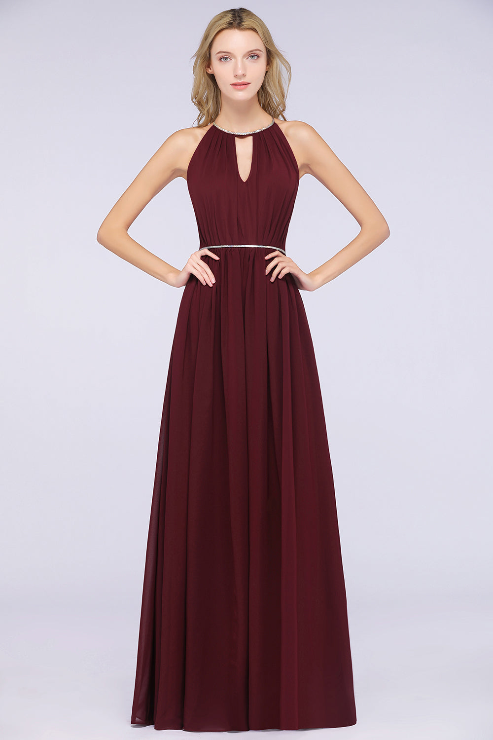 Chic Burgundy Halter Long Backless Bridesmaid Dress with Beadings-Babyonlines