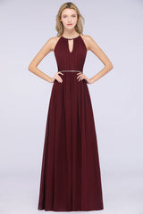 Chic Burgundy Halter Long Backless Bridesmaid Dress with Beadings-Babyonlines
