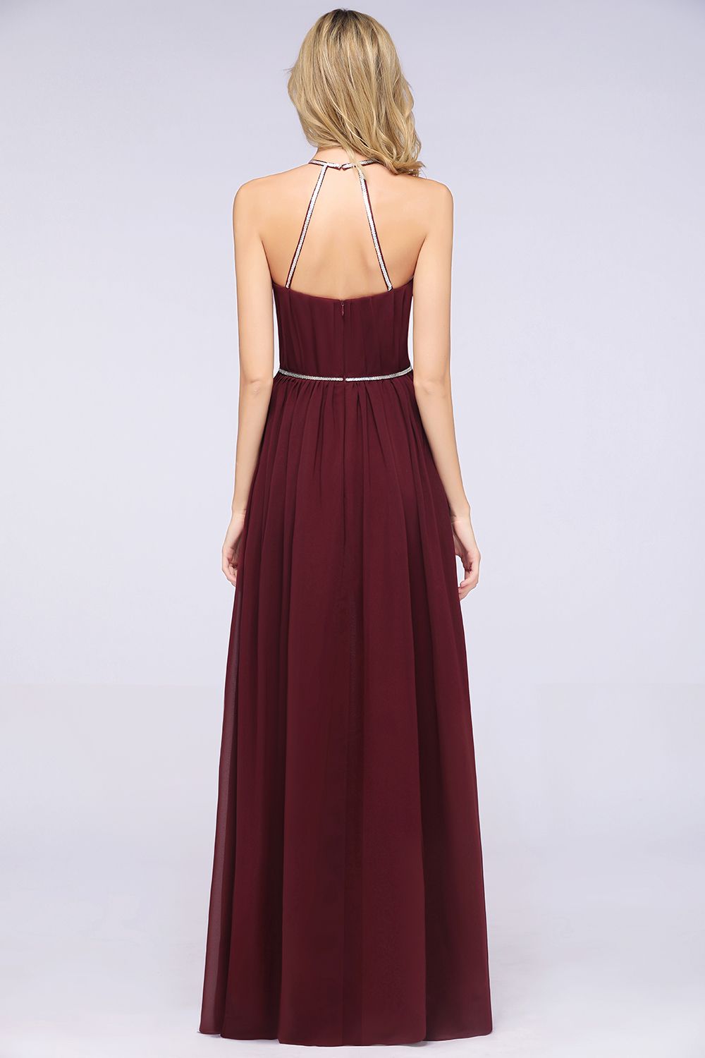 Chic Burgundy Halter Long Backless Bridesmaid Dress with Beadings-Babyonlines