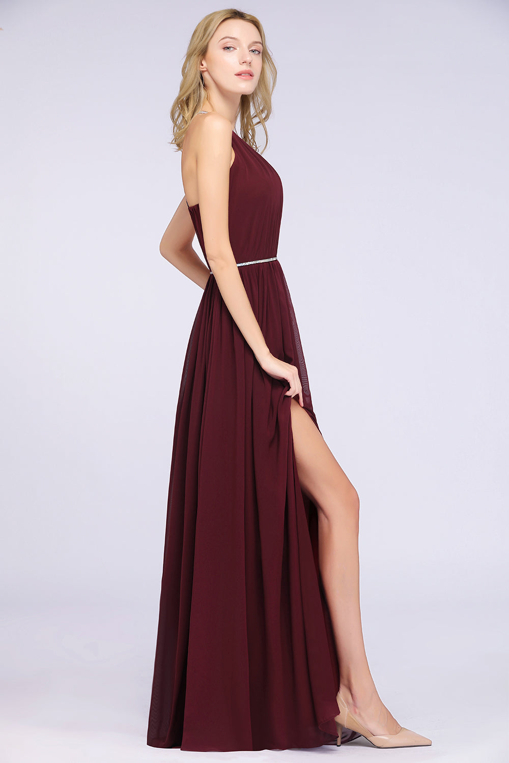Chic Burgundy Halter Long Backless Bridesmaid Dress with Beadings-Babyonlines