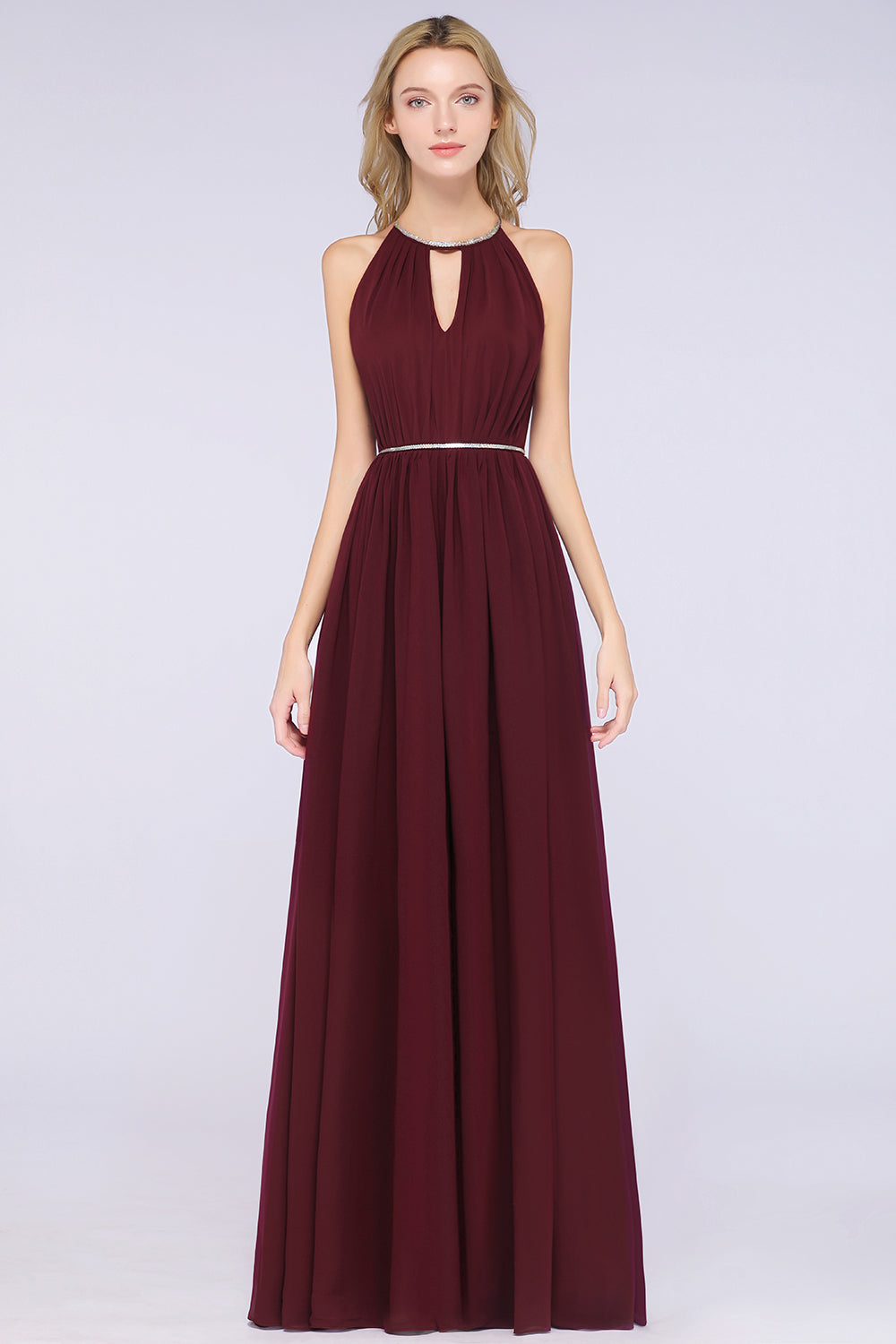Chic Burgundy Halter Long Backless Bridesmaid Dress with Beadings-Babyonlines