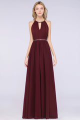 Chic Burgundy Halter Long Backless Bridesmaid Dress with Beadings-Babyonlines