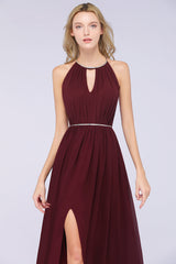 Chic Burgundy Halter Long Backless Bridesmaid Dress with Beadings-Babyonlines