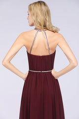 Chic Burgundy Halter Long Backless Bridesmaid Dress with Beadings-Babyonlines