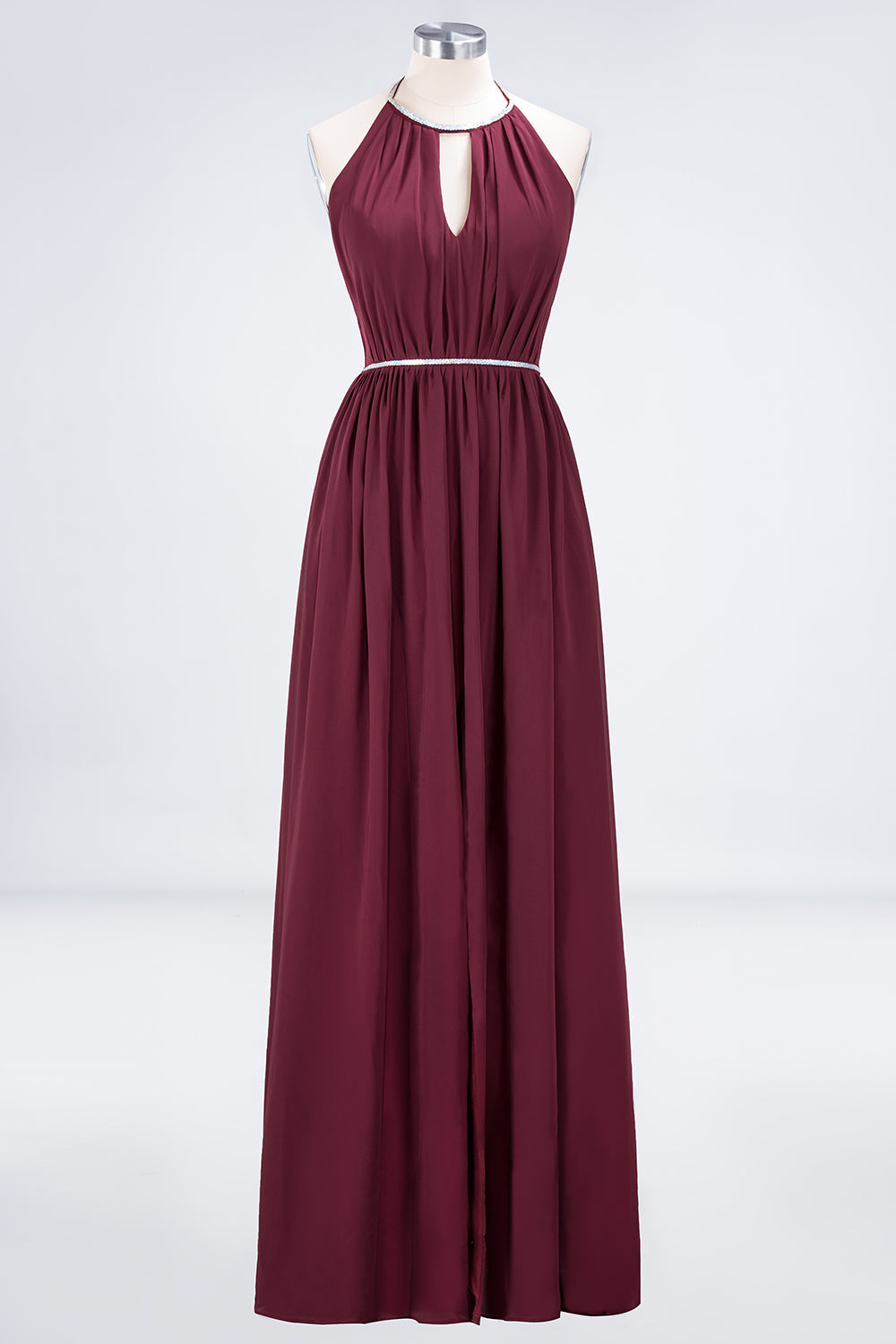 Chic Burgundy Halter Long Backless Bridesmaid Dress with Beadings-Babyonlines