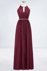 Chic Burgundy Halter Long Backless Bridesmaid Dress with Beadings-Babyonlines