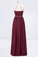 Chic Burgundy Halter Long Backless Bridesmaid Dress with Beadings-Babyonlines