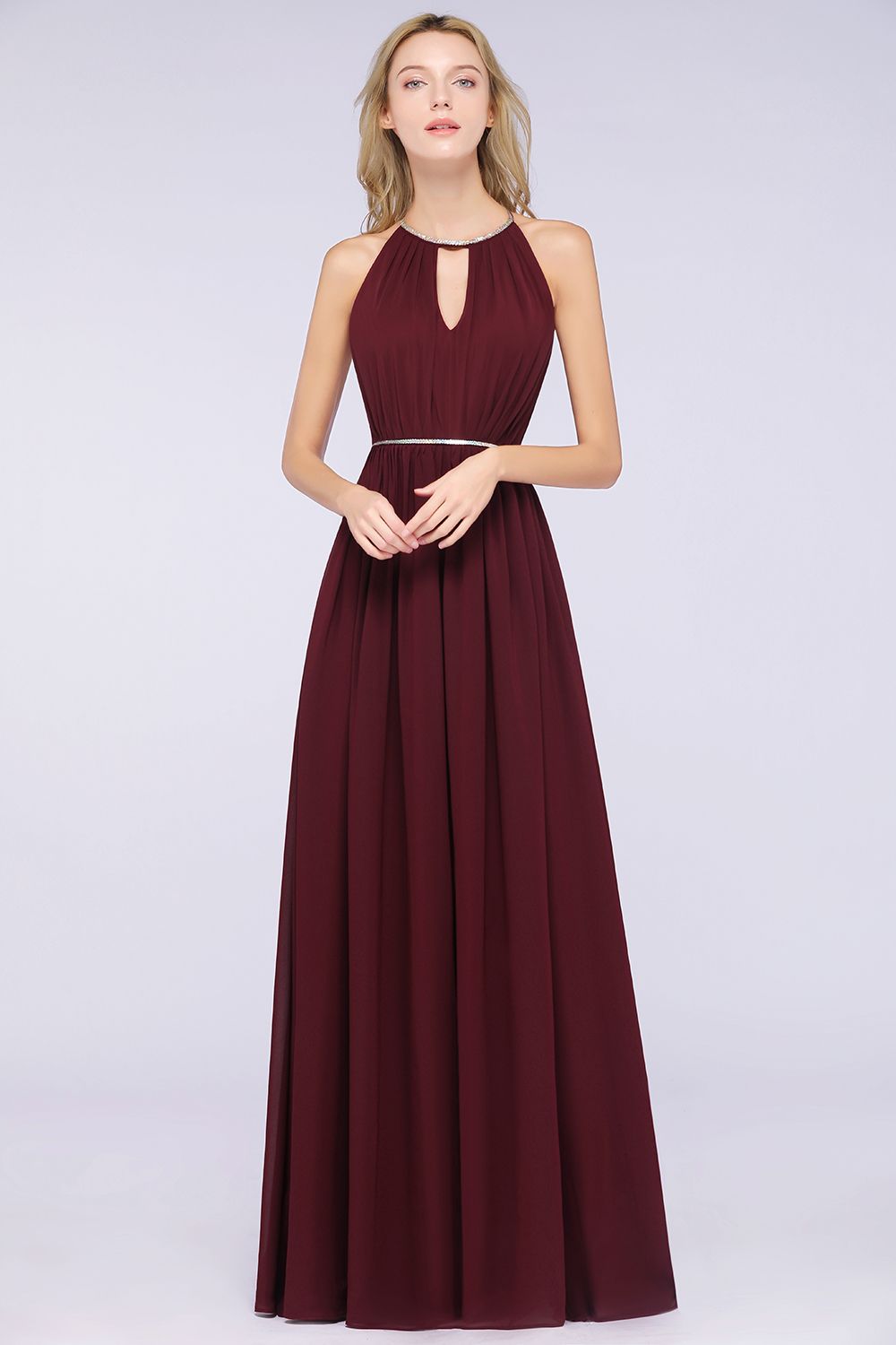 Chic Burgundy Halter Long Backless Bridesmaid Dress with Beadings-Babyonlines