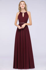 Chic Burgundy Halter Long Backless Bridesmaid Dress with Beadings-Babyonlines