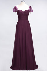 Chic Chiffon Sweetheart Cap-Sleeves Ruffle Bridesmaid Dresses with Beadings-Babyonlines