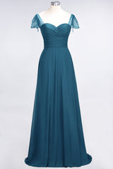 Chic Chiffon Sweetheart Cap-Sleeves Ruffle Bridesmaid Dresses with Beadings-Babyonlines