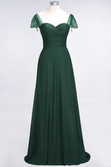 Chic Chiffon Sweetheart Cap-Sleeves Ruffle Bridesmaid Dresses with Beadings-Babyonlines