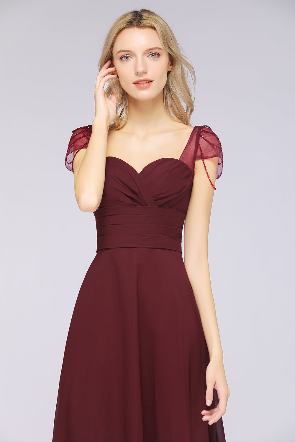 Chic Chiffon Sweetheart Cap-Sleeves Ruffle Bridesmaid Dresses with Beadings-Babyonlines