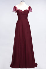 Chic Chiffon Sweetheart Cap-Sleeves Ruffle Bridesmaid Dresses with Beadings-Babyonlines