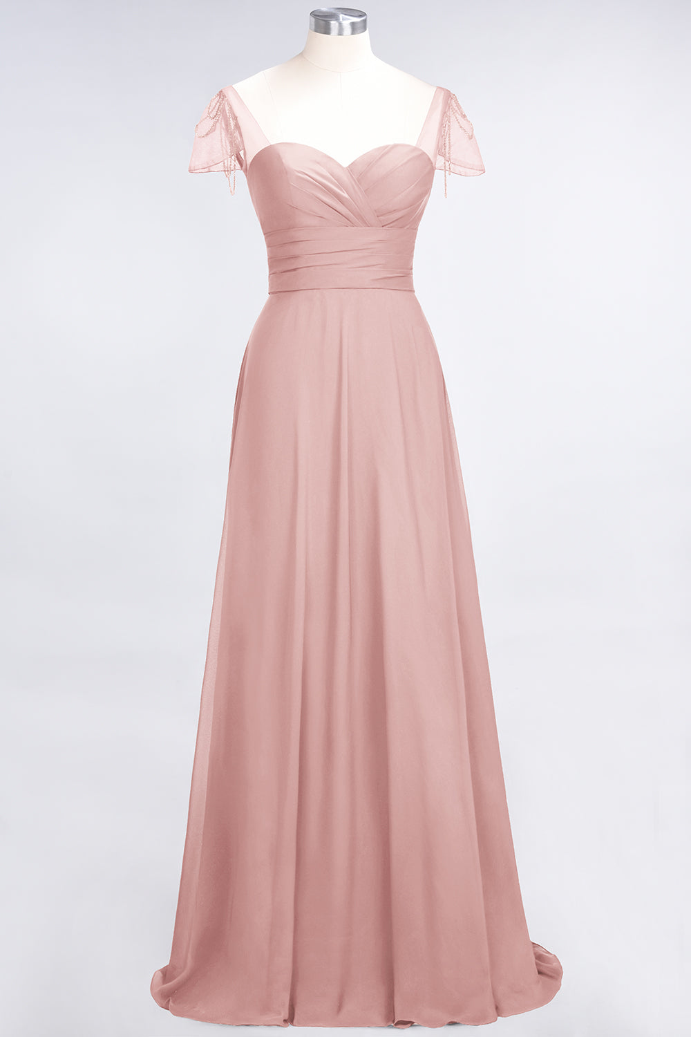 Chic Chiffon Sweetheart Cap-Sleeves Ruffle Bridesmaid Dresses with Beadings-Babyonlines