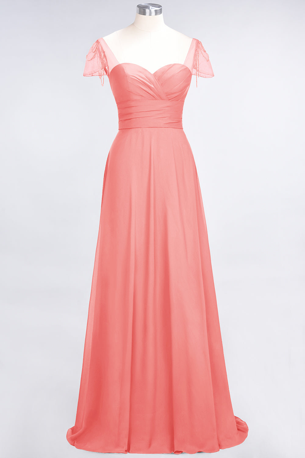 Chic Chiffon Sweetheart Cap-Sleeves Ruffle Bridesmaid Dresses with Beadings-Babyonlines