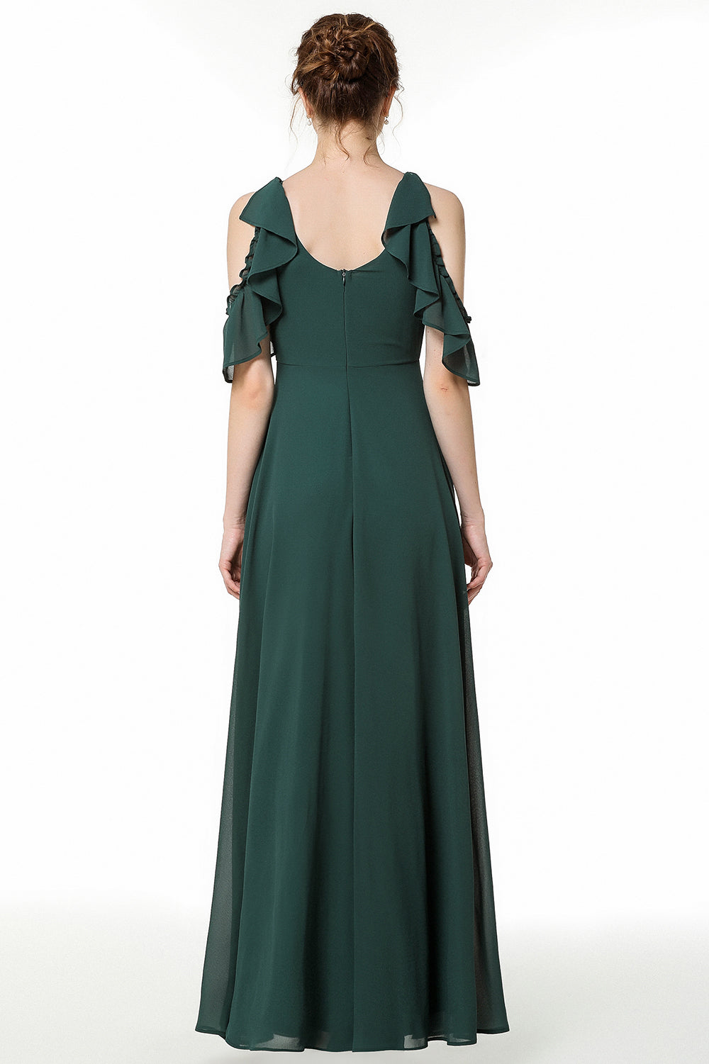 Chic Cold-shoulder Ruffle Dark Green Chiffon Bridesmaid Dresses Online-Babyonlines