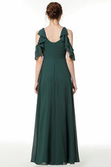 Chic Cold-shoulder Ruffle Dark Green Chiffon Bridesmaid Dresses Online-Babyonlines