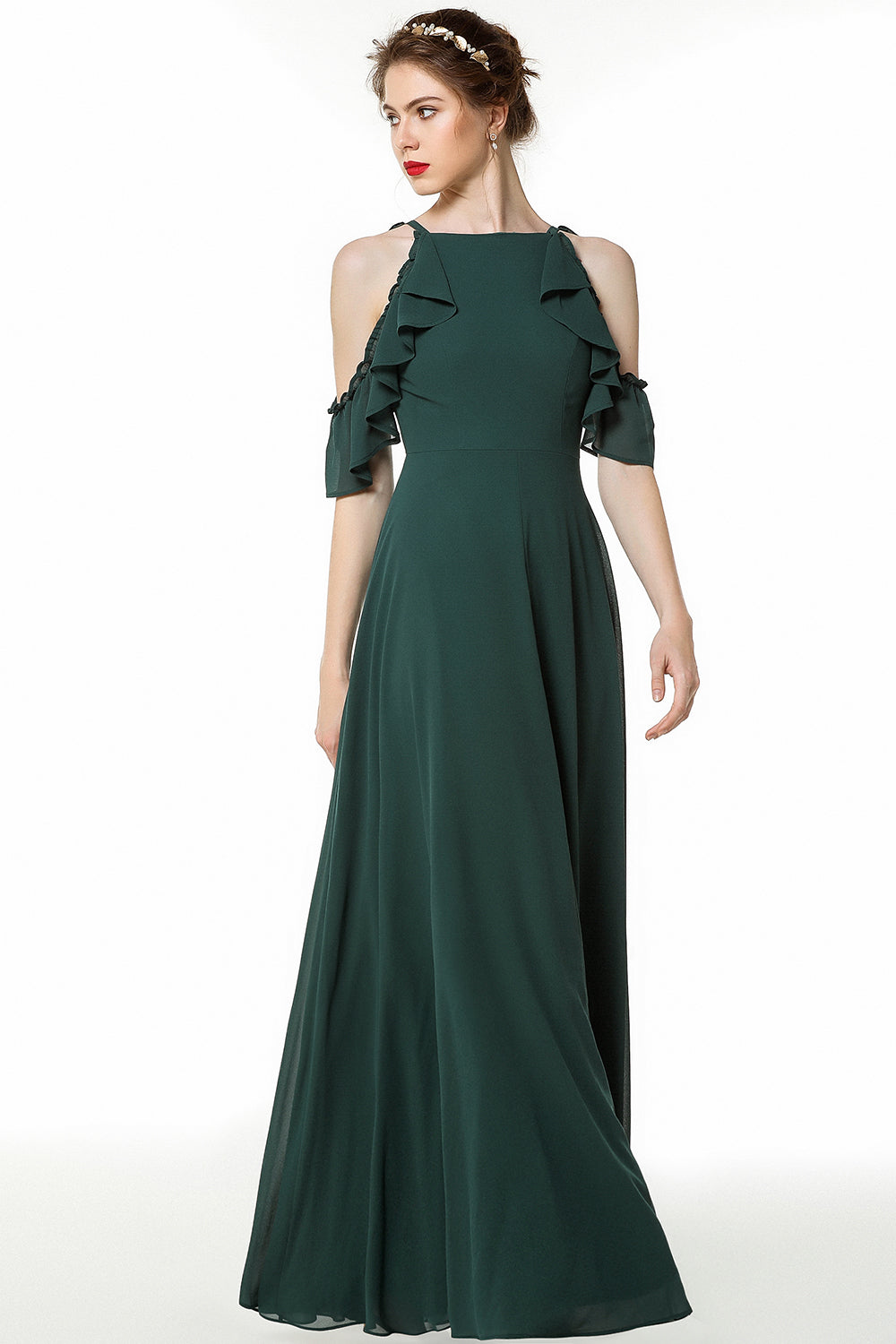 Chic Cold-shoulder Ruffle Dark Green Chiffon Bridesmaid Dresses Online-Babyonlines