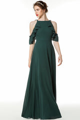 Chic Cold-shoulder Ruffle Dark Green Chiffon Bridesmaid Dresses Online-Babyonlines