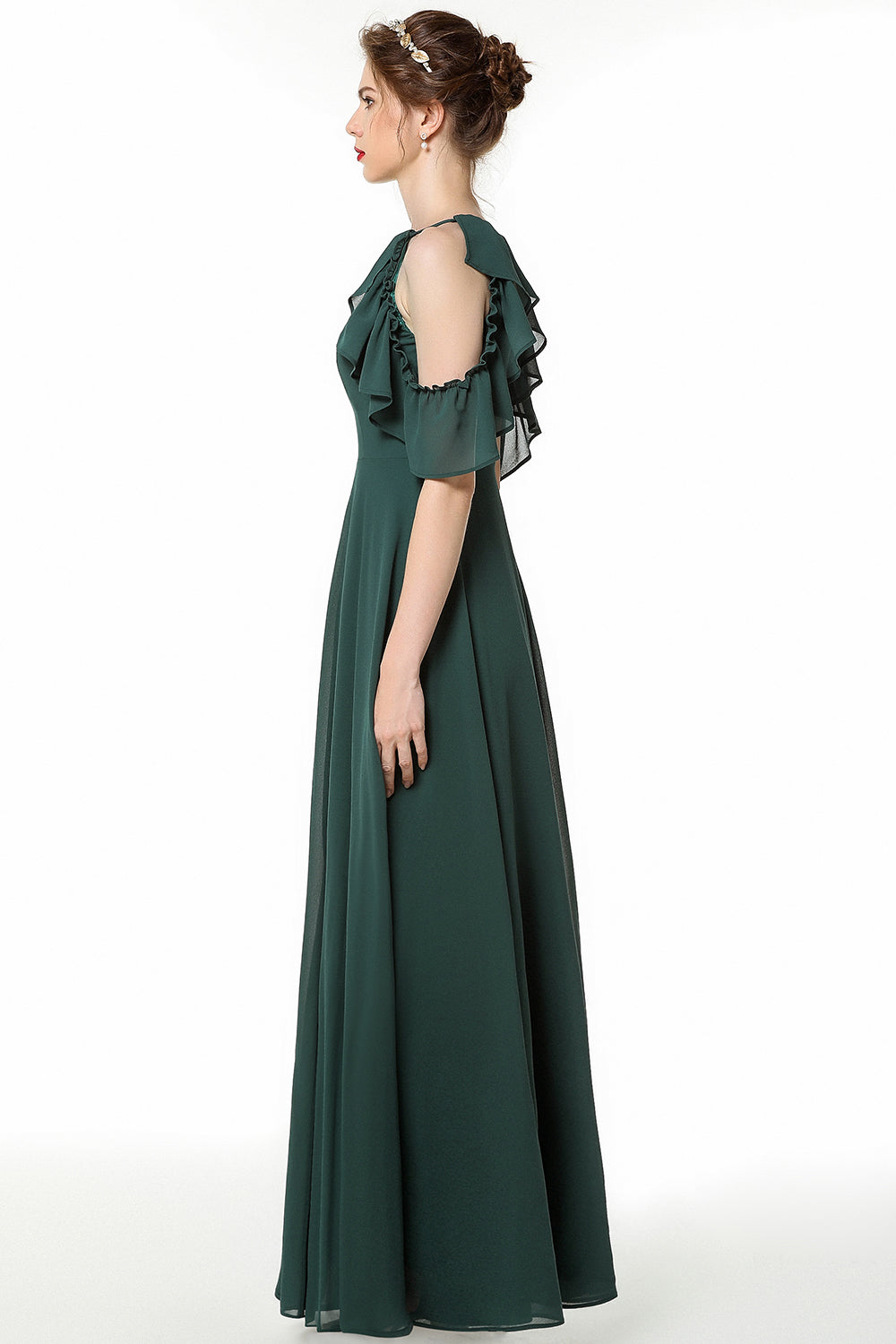 Chic Cold-shoulder Ruffle Dark Green Chiffon Bridesmaid Dresses Online-Babyonlines