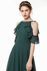 Chic Cold-shoulder Ruffle Dark Green Chiffon Bridesmaid Dresses Online-Babyonlines
