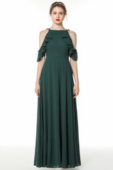 Chic Cold-shoulder Ruffle Dark Green Chiffon Bridesmaid Dresses Online-Babyonlines