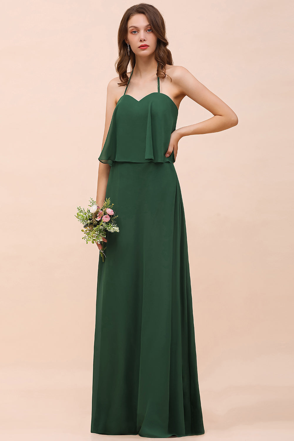 Chic Halter Sweetheart Dark Green Chiffon Bridesmaid Dress-Babyonlines
