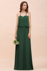 Chic Halter Sweetheart Dark Green Chiffon Bridesmaid Dress-Babyonlines