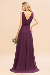 Chic Hi-Lo V Neck Ruffle Bridesmaid Dress with Beading Sash-Babyonlines