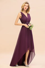 Chic Hi-Lo V Neck Ruffle Bridesmaid Dress with Beading Sash-Babyonlines