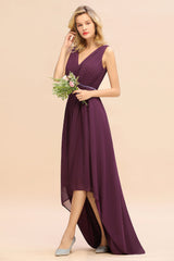 Chic Hi-Lo V Neck Ruffle Bridesmaid Dress with Beading Sash-Babyonlines