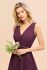 Chic Hi-Lo V Neck Ruffle Bridesmaid Dress with Beading Sash-Babyonlines