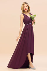 Chic Hi-Lo V Neck Ruffle Bridesmaid Dress with Beading Sash-Babyonlines