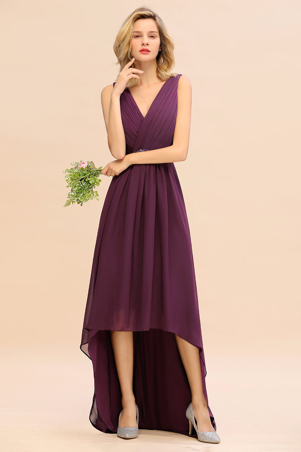 Chic Hi-Lo V Neck Ruffle Bridesmaid Dress with Beading Sash-Babyonlines