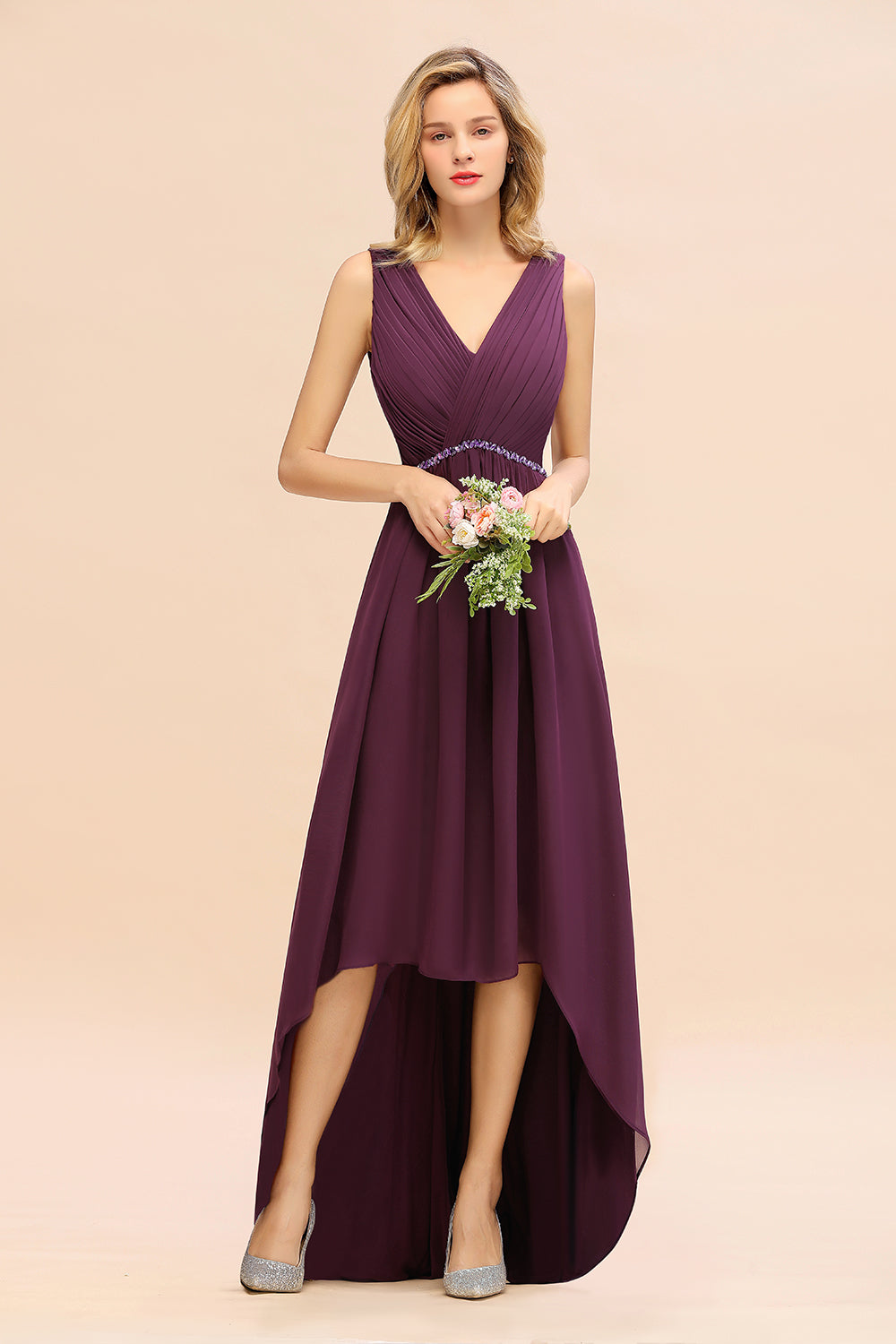 Chic Hi-Lo V Neck Ruffle Bridesmaid Dress with Beading Sash-Babyonlines