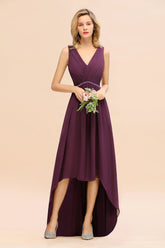 Chic Hi-Lo V Neck Ruffle Bridesmaid Dress with Beading Sash-Babyonlines